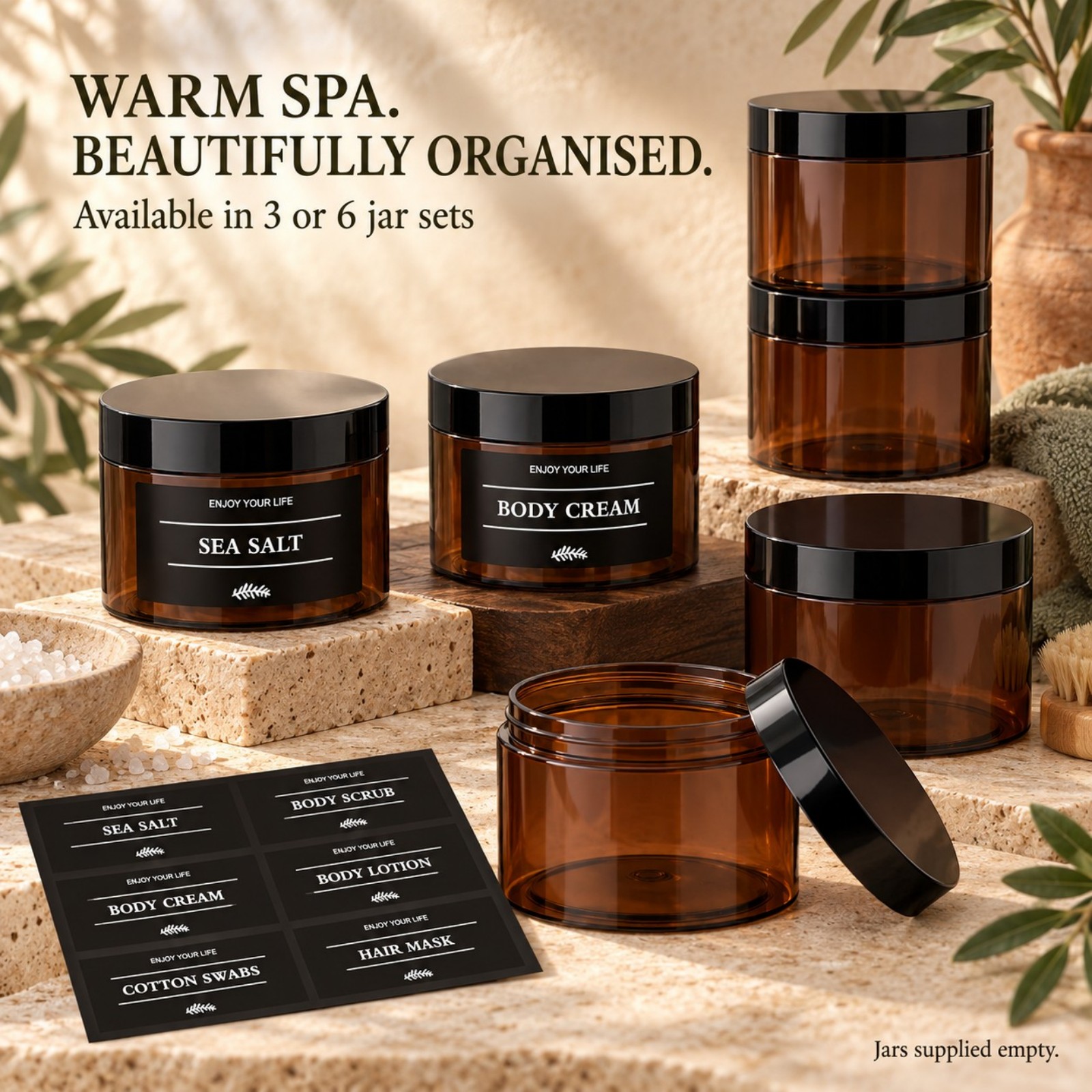 Bath Salts - 3 adet etiketli banyo saklama kavanozu,